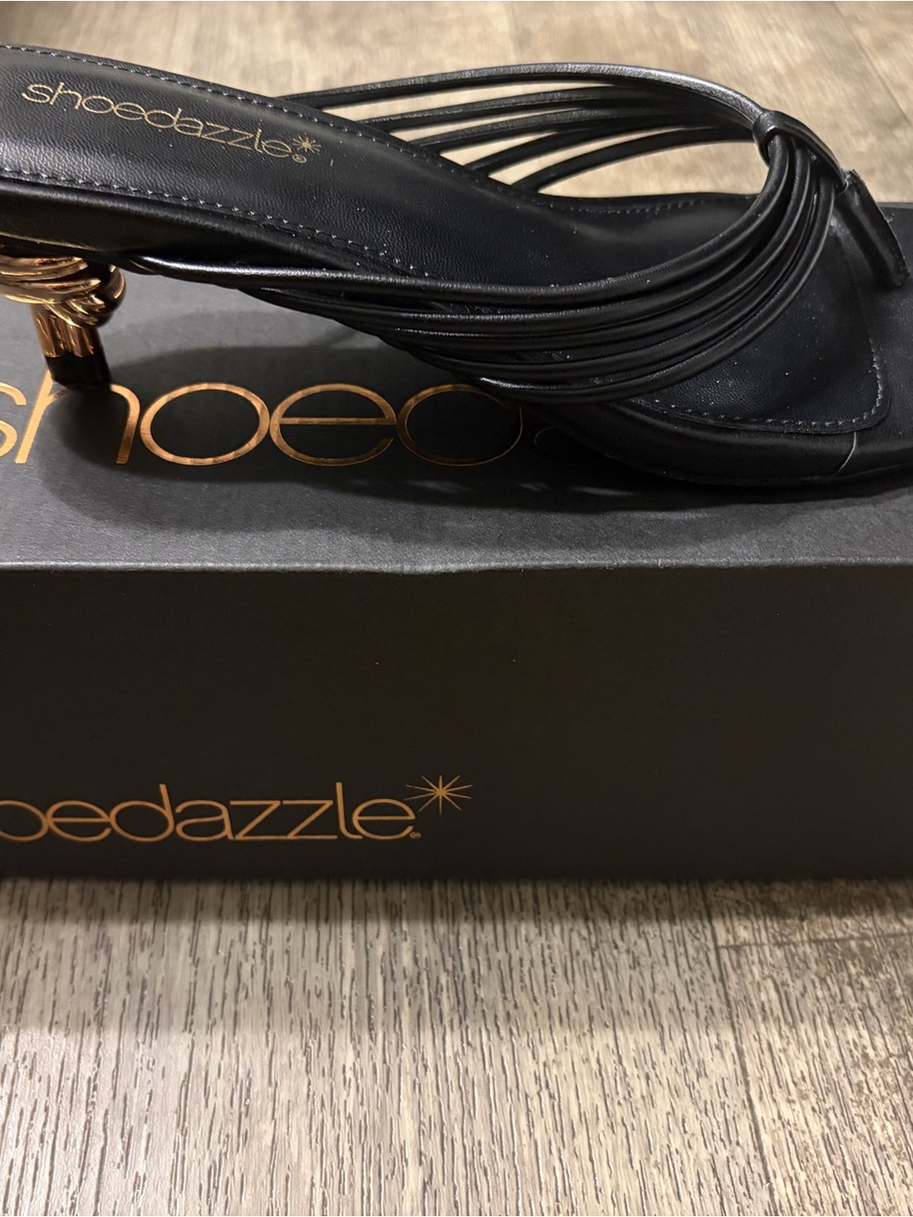 Shoe Dazzle Black Multi-Strap Sandal with Gold Sculpted Heel